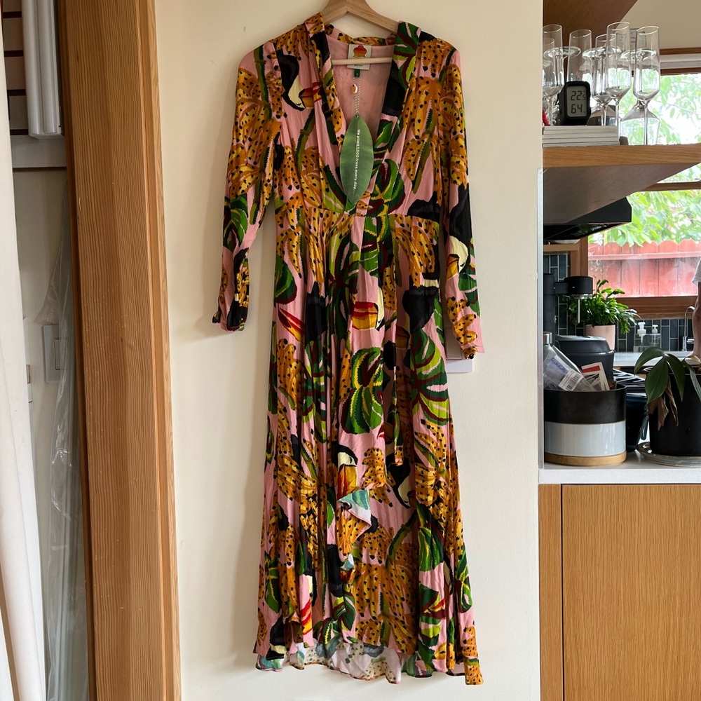 Toucan and banana print evening gown NWT